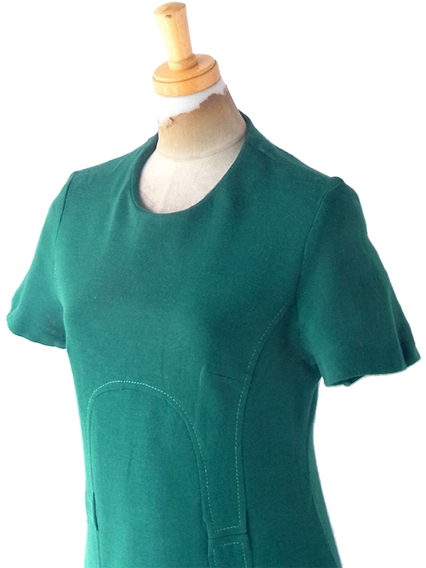 【送料無料】70年代フランス製 ビリジアングリーン X ビッグステッチ ヴィンテージ ワンピース 24OM033【ヨーロッパ古着】