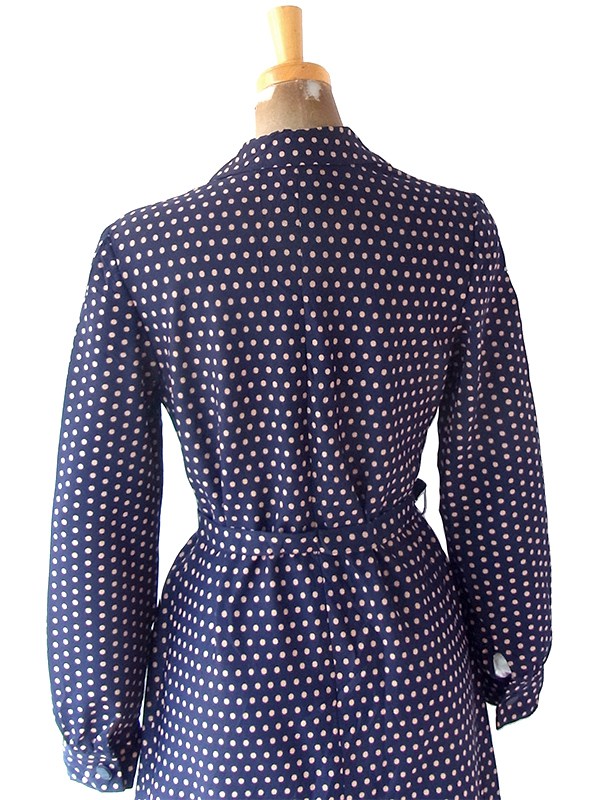 ヨーロッパ古着 ロンドン買い付け 70年代製 ネイビー X ゴールド・レッド 水玉 共布ベルト付き ワンピース 24OM035