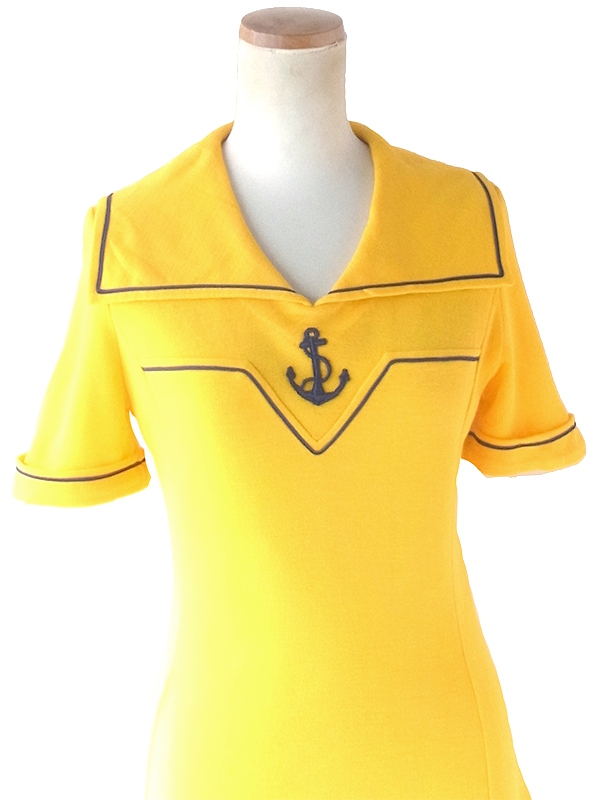 ヨーロッパ古着 ロンドン買い付け 70年代製 イエロー X ネイビー ライニング セーラーカラー ワンピース 24OM044