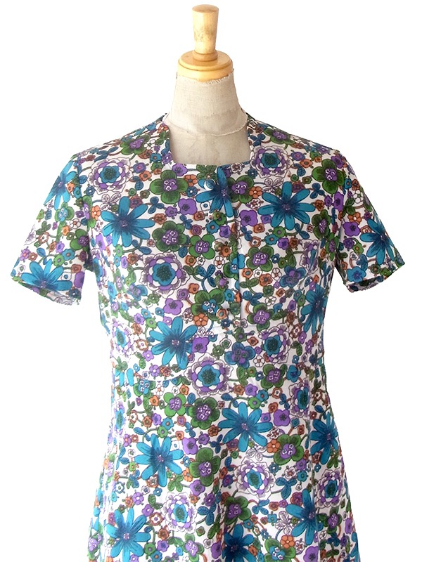 ヨーロッパ古着 ロンドン買い付け 70年代製 ホワイト X カラフル 花柄 ヴィンテージ ワンピース 24OM101