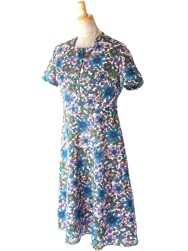 ヨーロッパ古着 ロンドン買い付け 70年代製 ホワイト X カラフル 花柄 ヴィンテージ ワンピース 24OM101