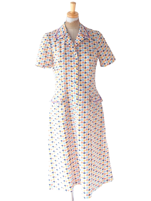 ヨーロッパ古着 ロンドン買い付け 70年代製 ホワイト X カラフル 千鳥格子 ヴィンテージ ワンピース 24OM105