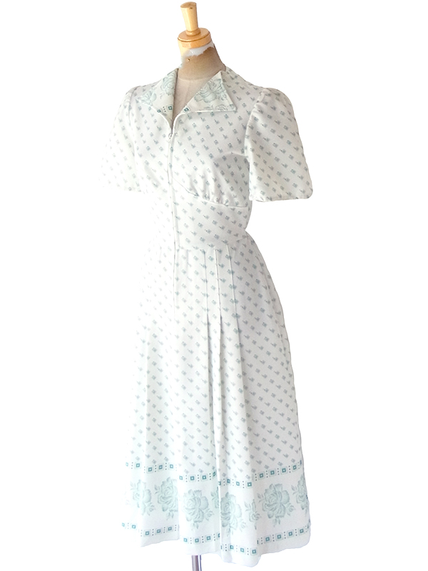 ヨーロッパ古着 ロンドン買い付け 70年代製 ホワイト X グリーン レトロ柄 フロントジップ プリーツ ワンピース 24OM106