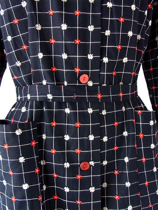 パターン柄 ボウタイリボン 膝丈ワンピース 昭和レトロ ヴィンテージ 黒 白 赤 SPECIAL ITEM* 60's〜70's USA VINTAGE DOT PATTERNED LACE