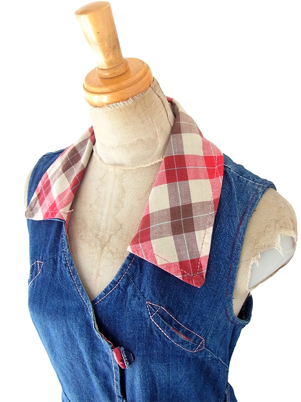 【送料無料】フランス買い付け 60年代製 鮮やかなインディゴ X チェック柄生地切り返し デニムワンピース 25FC101【ヨーロッパ古着】