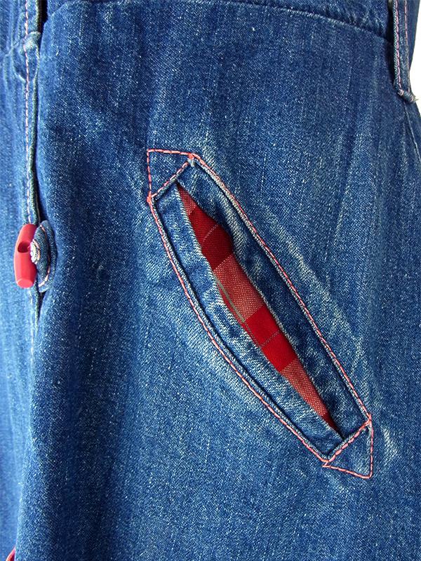 【送料無料】フランス買い付け 60年代製 鮮やかなインディゴ X チェック柄生地切り返し デニムワンピース 25FC101【ヨーロッパ古着】