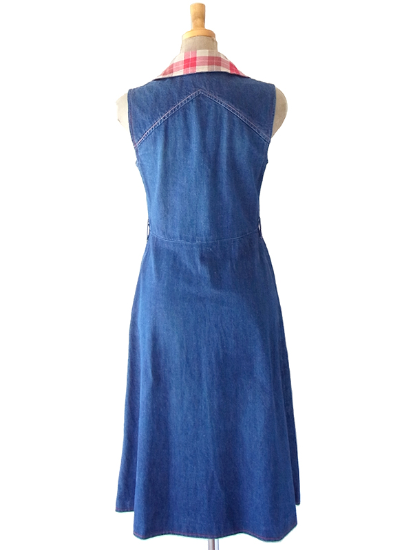 【送料無料】フランス買い付け 60年代製 鮮やかなインディゴ X チェック柄生地切り返し デニムワンピース 25FC101【ヨーロッパ古着】