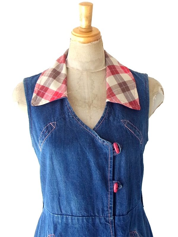 【送料無料】フランス買い付け 60年代製 鮮やかなインディゴ X チェック柄生地切り返し デニムワンピース 25FC101【ヨーロッパ古着】