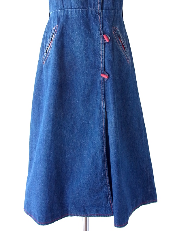 【送料無料】フランス買い付け 60年代製 鮮やかなインディゴ X チェック柄生地切り返し デニムワンピース 25FC101【ヨーロッパ古着】