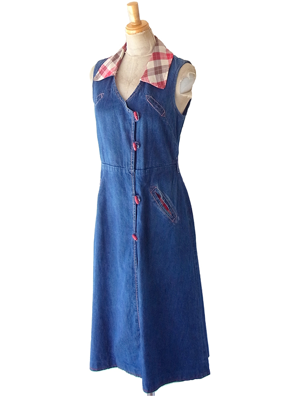 【送料無料】フランス買い付け 60年代製 鮮やかなインディゴ X チェック柄生地切り返し デニムワンピース 25FC101【ヨーロッパ古着】