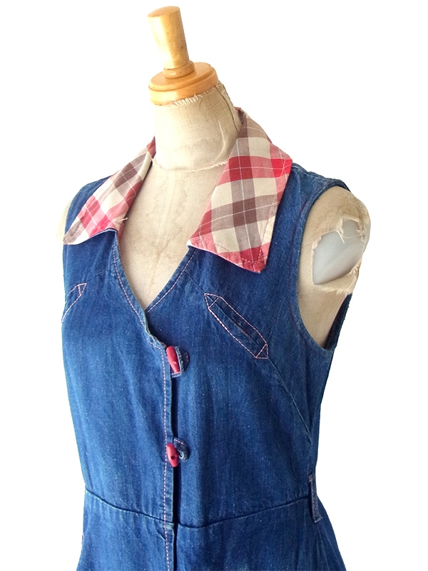 【送料無料】フランス買い付け 60年代製 鮮やかなインディゴ X チェック柄生地切り返し デニムワンピース 25FC101【ヨーロッパ古着】