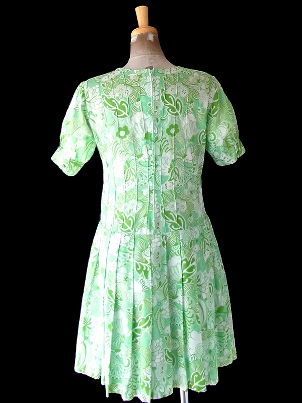 ヨーロッパ古着 フランス買い付け 60年代製 グリーン X レトロ花柄 プリーツ ヴィンテージ ワンピース 25FC102