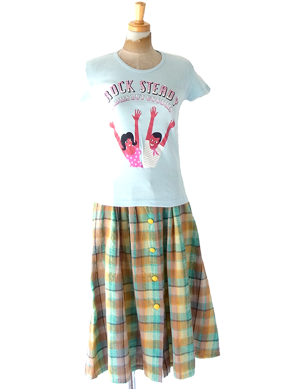 ヨーロッパ古着 70年代フランス製 エメラルドグリーン X イエロー ブロックチェック フロントボタン ヴィンテージ スカート 25FC106