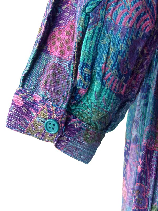 ヨーロッパ古着 フランス買い付け 60年代製 ターコイズブルー X パープル 花柄 レース襟 ヴィンテージ ワンピース 25FC111