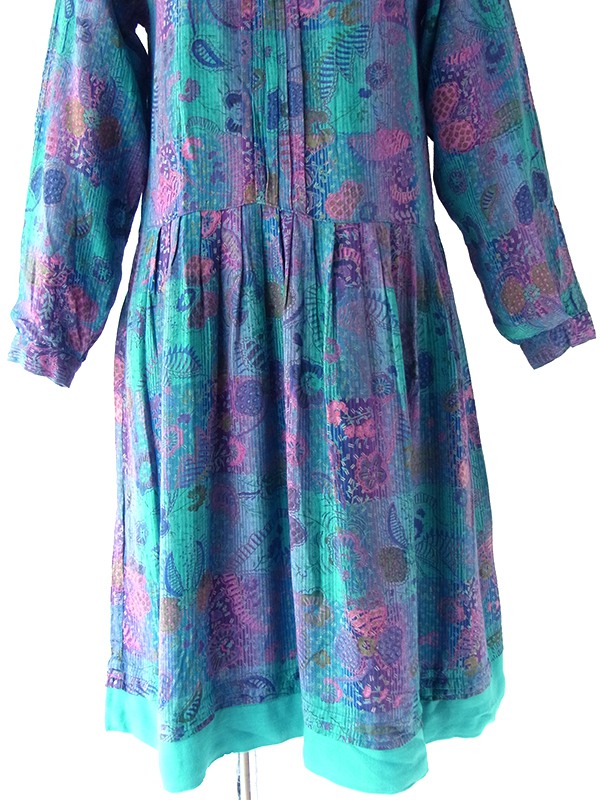 ヨーロッパ古着 フランス買い付け 60年代製 ターコイズブルー X パープル 花柄 レース襟 ヴィンテージ ワンピース 25FC111