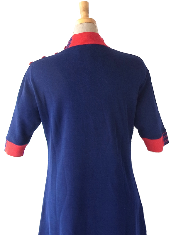 ヨーロッパ古着 フランス買付け 70年代製 ネイビー X レッド ファネルネック Aライン ヴィンテージワンピース 25FC112