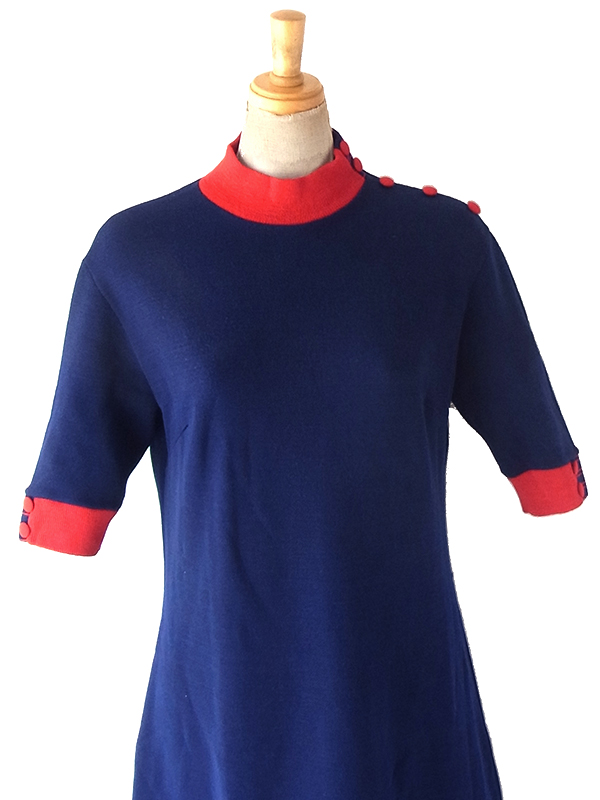 ヨーロッパ古着 フランス買付け 70年代製 ネイビー X レッド ファネルネック Aライン ヴィンテージワンピース 25FC112