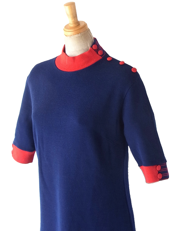 ヨーロッパ古着 フランス買付け 60年代製 ネイビー X レッド ファネルネック Aライン ヴィンテージワンピース 25FC112