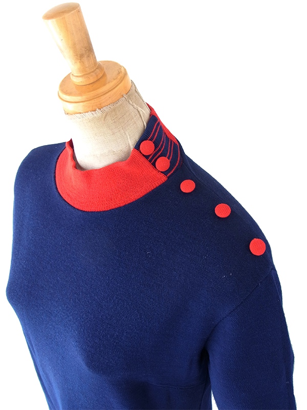 ヨーロッパ古着 フランス買付け 70年代製 ネイビー X レッド ファネルネック Aライン ヴィンテージワンピース 25FC112