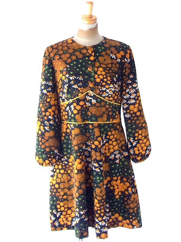ヴィンテージ　古着　ミニワンピース　タイル柄 VINTAGE - 【ワンピース ミニワンピ 総柄 花柄 昭和レトロ 青