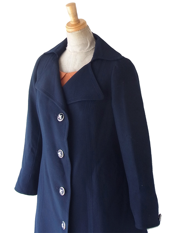 vintageヴィンテージコートウールロングスカーフ付ブルーレトロUSA海外古着 送料無料】フランス買い付け 60年代製 ネイビー X ビッグ