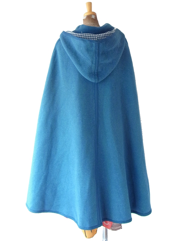 【送料無料】フランス買い付け 60年代製 水色 X 千鳥格子 フード着脱可 ヴィンテージ マント 25FC122【ヨーロッパ古着】