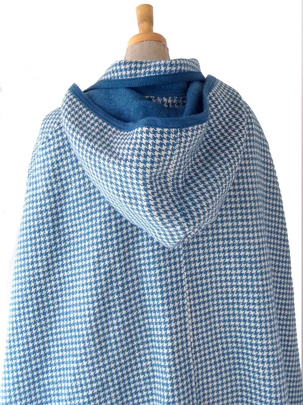 【送料無料】フランス買い付け 60年代製 水色 X 千鳥格子 フード着脱可 ヴィンテージ マント 25FC122【ヨーロッパ古着】