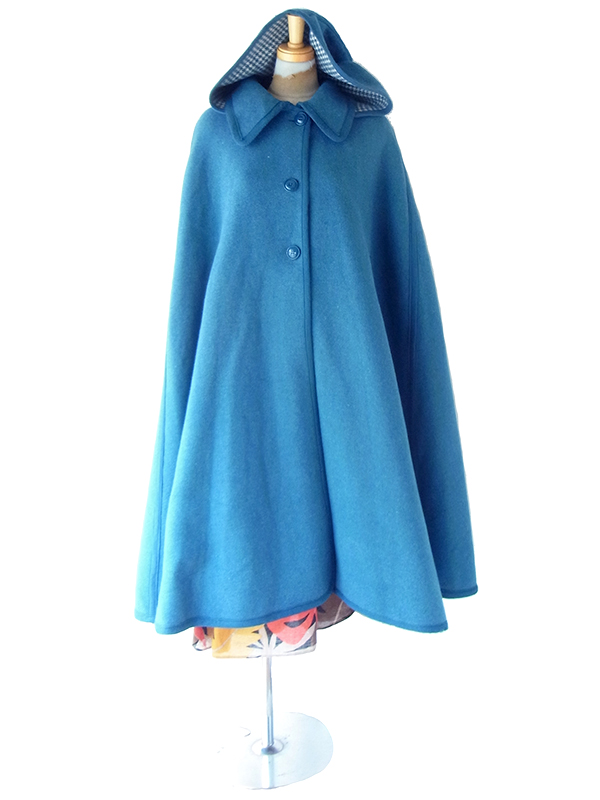 送料無料】フランス買い付け 60年代製 水色 X 千鳥格子 フード着脱可