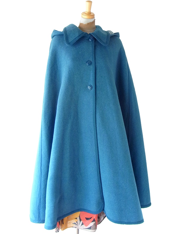 【送料無料】フランス買い付け 60年代製 水色 X 千鳥格子 フード着脱可 ヴィンテージ マント 25FC122【ヨーロッパ古着】