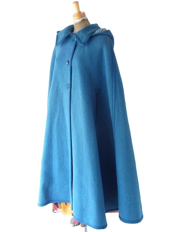 送料無料】フランス買い付け 60年代製 水色 X 千鳥格子 フード着脱可