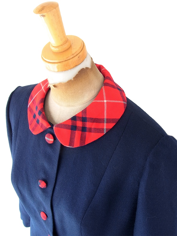 ヨーロッパ古着 フランス買付け 60年代製 ネイビー X レッド タータンチェック 切り返し ヴィテンージ ワンピース 25FC124
