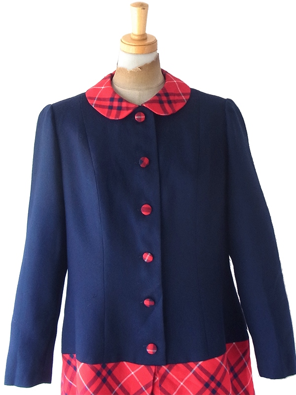 送料無料】フランス買付け 60年代製 ネイビー X レッド チェック