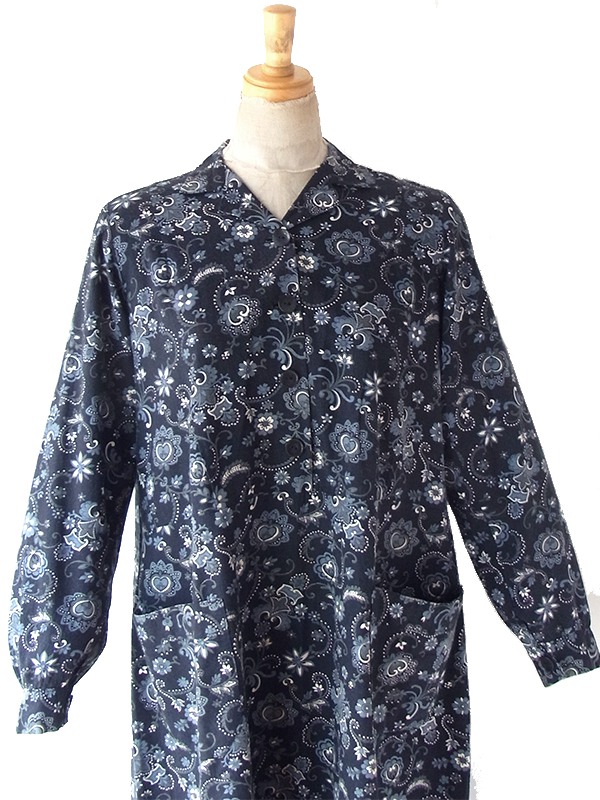 ヨーロッパ古着 フランス買い付け 60年代製 ネイビー X アイスグレイ ペイズリー柄 ポケット付き ヴィンテージ ワンピース 25FC202