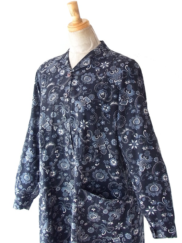 ヨーロッパ古着 フランス買い付け 60年代製 ネイビー X アイスグレイ ペイズリー柄 ポケット付き ヴィンテージ ワンピース 25FC202