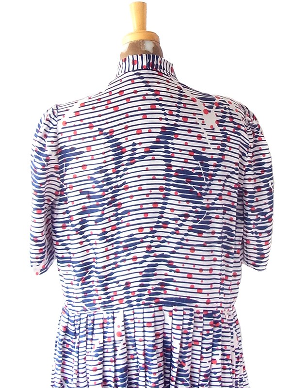 ヨーロッパ古着 フランス買い付け 70年代製  ホワイト　X ネイビー・レッド ストライプ・水玉 ボウタイ ワンピース 25FC204