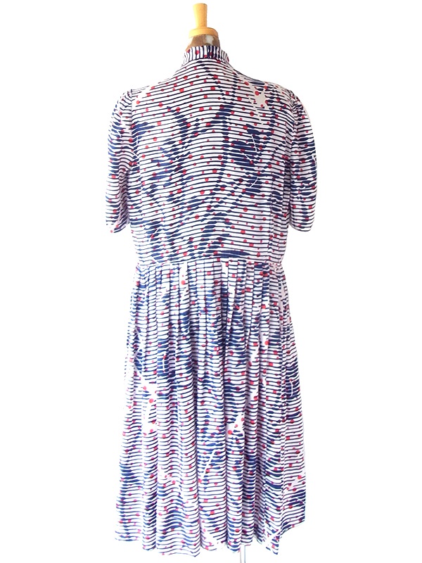 ヨーロッパ古着 フランス買い付け 70年代製  ホワイト　X ネイビー・レッド ストライプ・水玉 ボウタイ ワンピース 25FC204