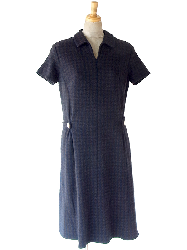 ヨーロッパ古着 フランス買い付け 60年代製 ダークブルー X ブラウン 千鳥格子 ヴィンテージ ウール ワンピース 25FC206
