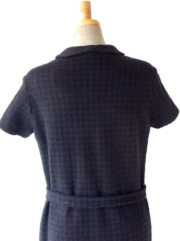 ヨーロッパ古着 フランス買い付け 60年代製 ダークブルー X ブラウン 千鳥格子 ヴィンテージ ウール ワンピース 25FC206