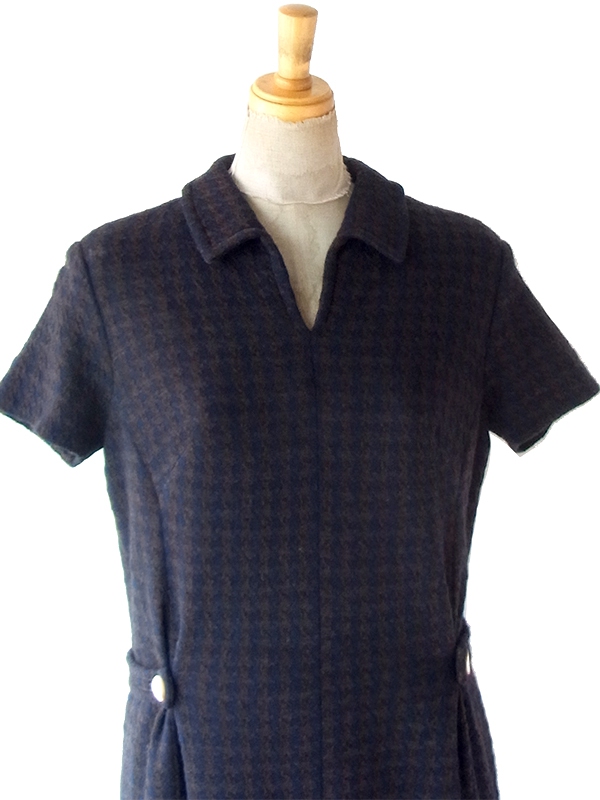 ヨーロッパ古着 フランス買い付け 60年代製 ダークブルー X ブラウン 千鳥格子 ヴィンテージ ウール ワンピース 25FC206