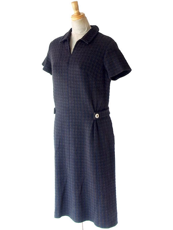 ヨーロッパ古着 フランス買い付け 60年代製 ダークブルー X ブラウン 千鳥格子 ヴィンテージ ウール ワンピース 25FC206