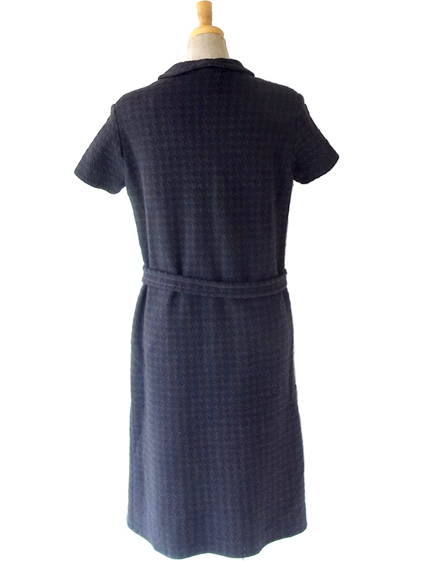 ヨーロッパ古着 フランス買い付け 60年代製 ダークブルー X ブラウン 千鳥格子 ヴィンテージ ウール ワンピース 25FC206