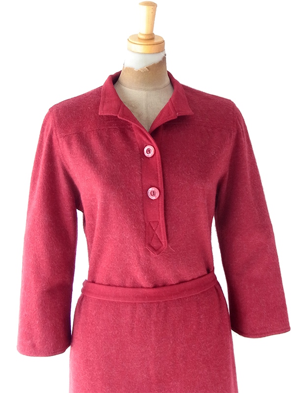 ヨーロッパ古着 60年代フランス製 ボルドー X 共布ベルト付き ヴィンテージ モヘア混 ワンピース 25FC207