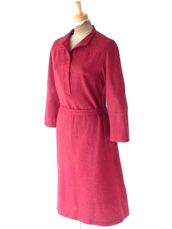 ヨーロッパ古着 60年代フランス製 ボルドー X 共布ベルト付き ヴィンテージ モヘア混 ワンピース 25FC207