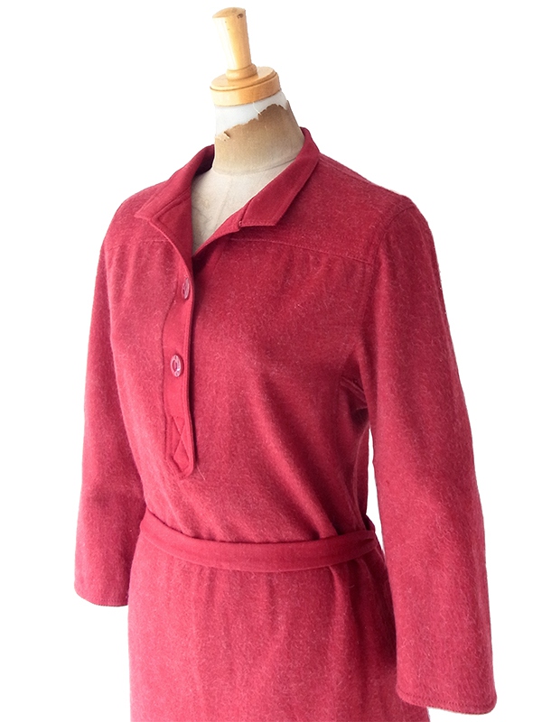 ヨーロッパ古着 60年代フランス製 ボルドー X 共布ベルト付き ヴィンテージ モヘア混 ワンピース 25FC207