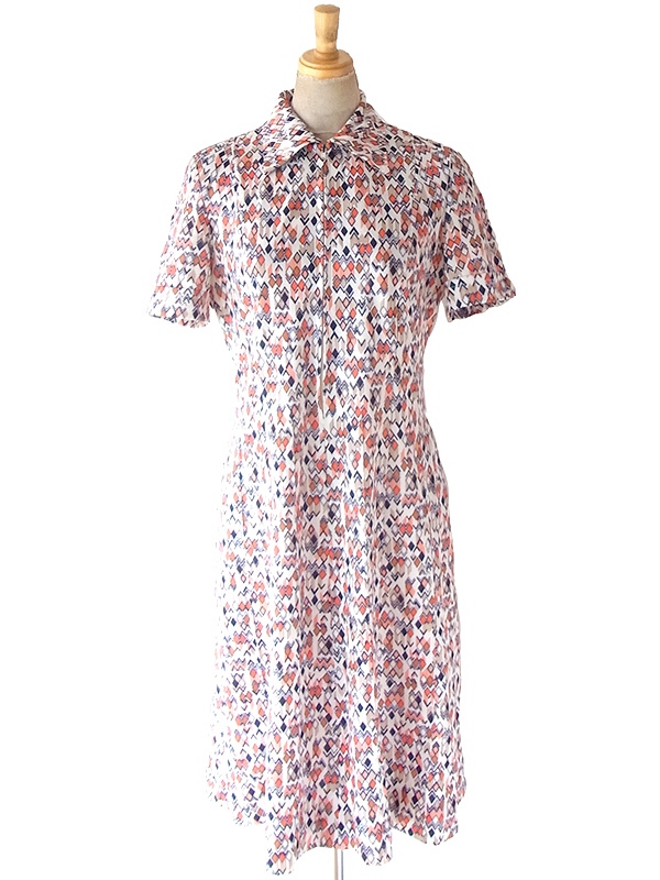 ヨーロッパ古着 フランス買い付け 70年代製 オフホワイト X オレンジ・ブラック 幾何学柄 ワンピース 25FC209