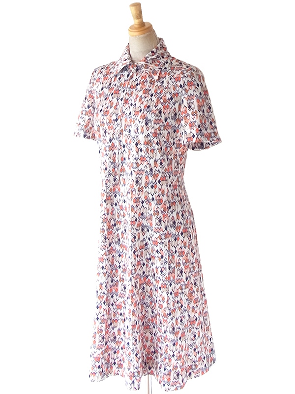 ヨーロッパ古着 フランス買い付け 70年代製 オフホワイト X オレンジ・ブラック 幾何学柄 ワンピース 25FC209