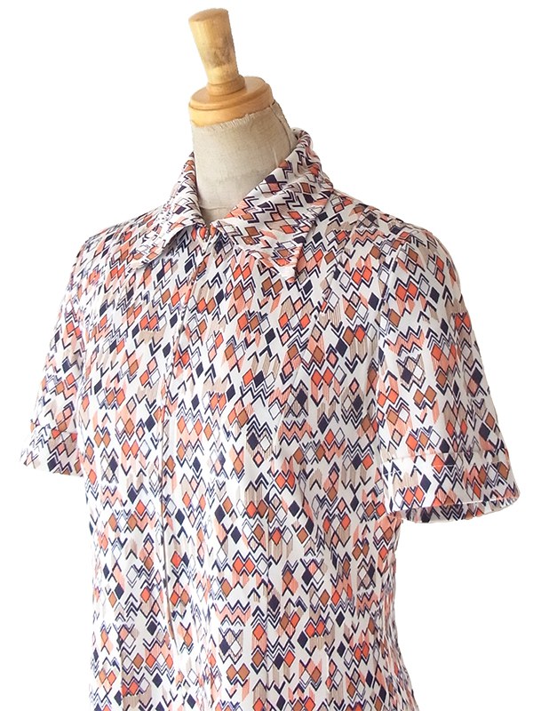 ヨーロッパ古着 フランス買い付け 70年代製 オフホワイト X オレンジ・ブラック 幾何学柄 ワンピース 25FC209