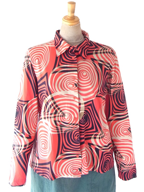 ヨーロッパ古着 フランス買い付け 70年代製 オレンジ X ゴールド・ブラック・ベージュ サイケ柄 ヴィンテージ トップス 25FC210