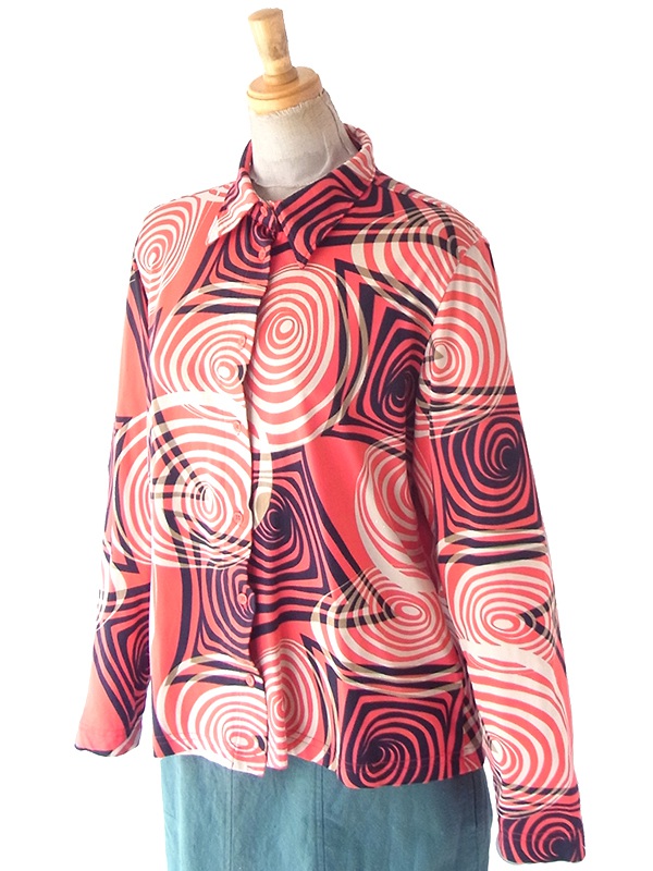 ヨーロッパ古着 フランス買い付け 70年代製 オレンジ X ゴールド・ブラック・ベージュ サイケ柄 ヴィンテージ トップス 25FC210