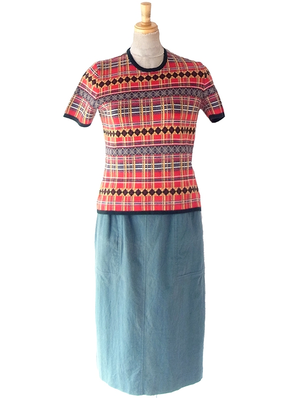 ヨーロッパ古着 ベルギー製 アーガイル×タータンチェック ニットトップス ヴィンテージ ニット トップス 25FC211